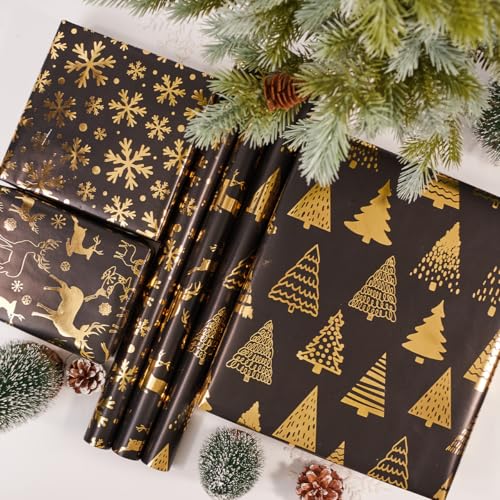 Black Gold Christmas Wrapping Paper Roll Set - 3 Rolls, 17x118 in