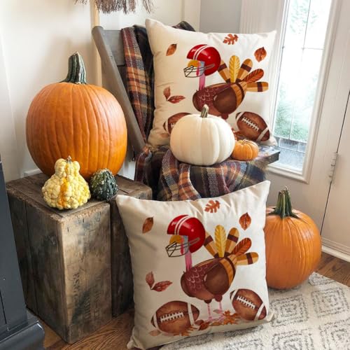 RABUSOFA Fall Thanksgiving Pillow Cover 18x18 Brown Turkey Football Decor