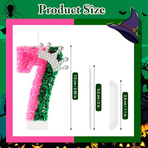 AKURIEEY Pink & Green Number 7 Birthday Candle Crown Cake Topper Wicked Themed Party Decor