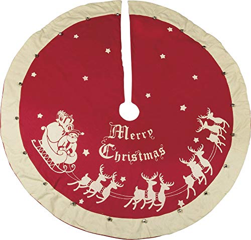 Vintage Christmas Tree Skirt - Red Felt with Santa & Bells - 52 Inches