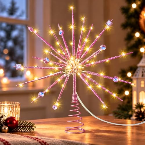 Pink Battery Operated Starburst Christmas Tree Topper Lighted - Mid Century Style
