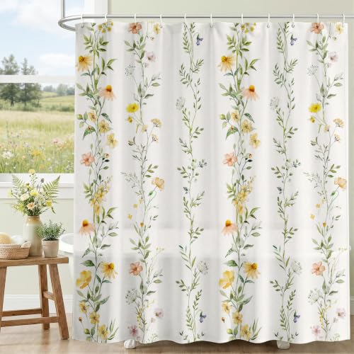 Boho Floral Shower Curtain - Green Vines, Waterproof, 72x72 inches