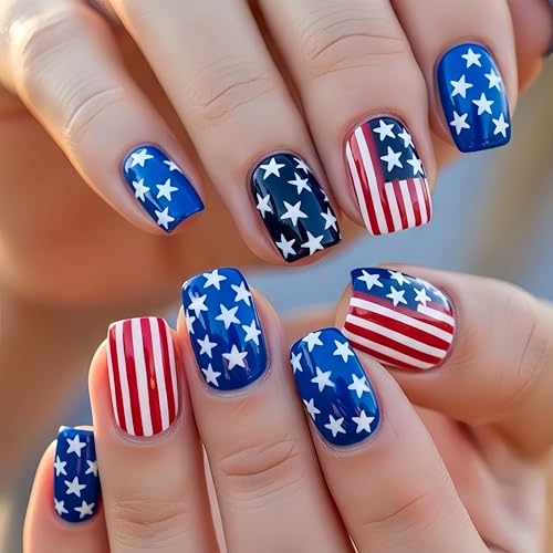 Independence Day Press on Nails Short Square Patriotic Fake Nails