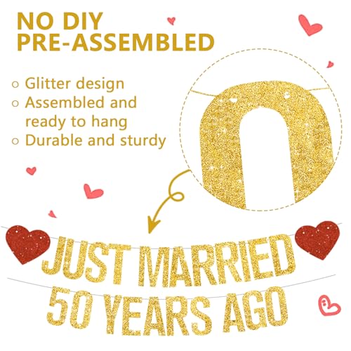 Gold Glitter Just Married 50 Years Ago Banner - Pre-Strung Anniversary Decoration
