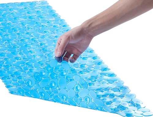 Webos Pebble Clear Blue Bath Shower Mat Non Slip Extra Large 16x40 Inch with Drain Holes