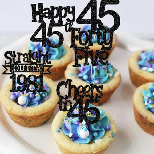 30PCS Happy 45th Birthday Cupcake Toppers Glitter Black Picks