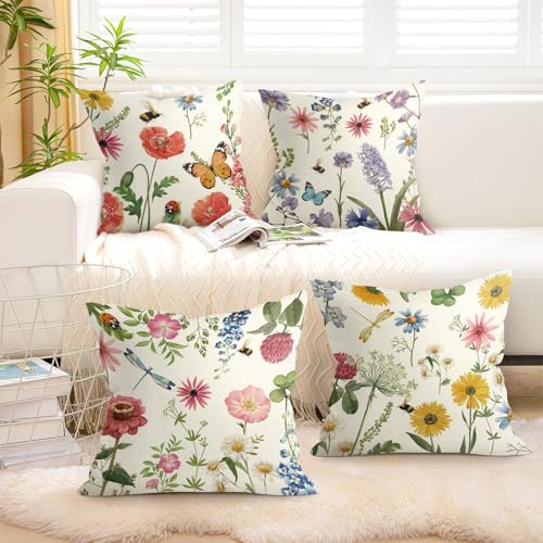 Joymaison Flower-03 Red Floral Butterfly Throw Pillow Covers Set of 4 18x18