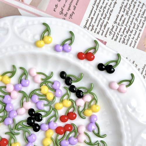200Pcs 3D Cherry Nail Charms Resin Fruit Flatback Rhinestones for DIY Nail Art