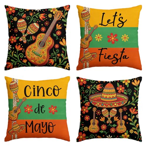 Cinco de Mayo Throw Pillow Covers 18x18, Set of 4 Fiesta Cushion Cases