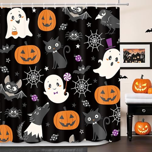 MEHOFOND Black Halloween Shower Curtain - Skull & Bat Design, 72x72 in