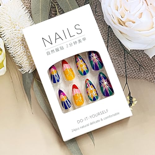 FIEONCIY Glossy Almond Press On Nails with Floral Designs and Charms