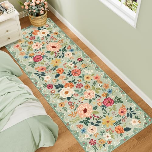 Green 2x6 Runner Rug for Hallway Washable Non Slip Low Pile Floral