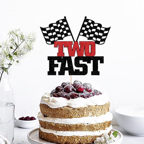Two Fast Cake Topper - Black Glitter Race Car 2nd Birthday Decoration