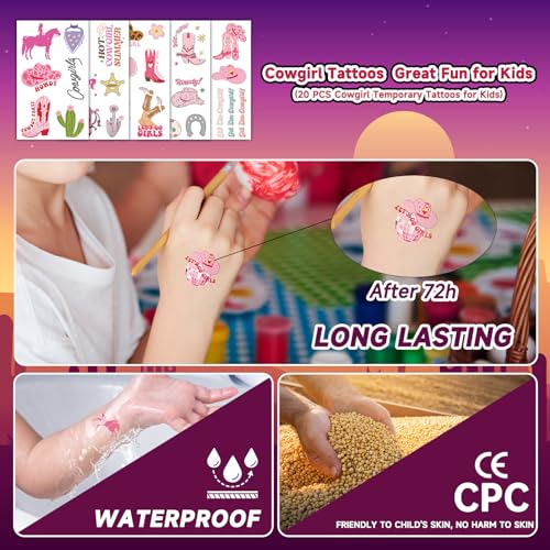 EMOME 20 Sheets Cowgirl Temporary Tattoos for Kids Rodeo Party Favors