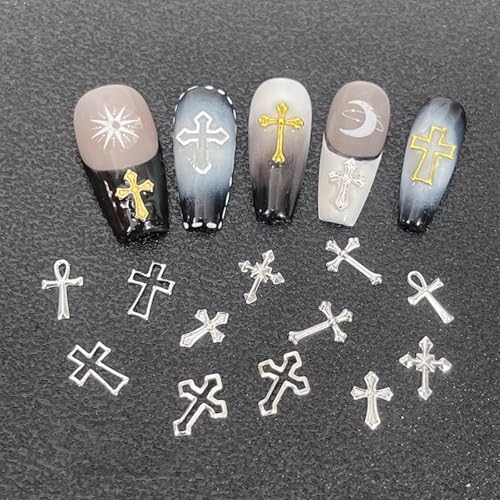 FSpronail 3D Metal Cross Nail Charms - Gold & Silver Y2K Art Accessories Set