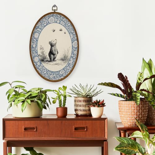 Vintage Bear Oval Framed Canvas Wall Art for Kids Room