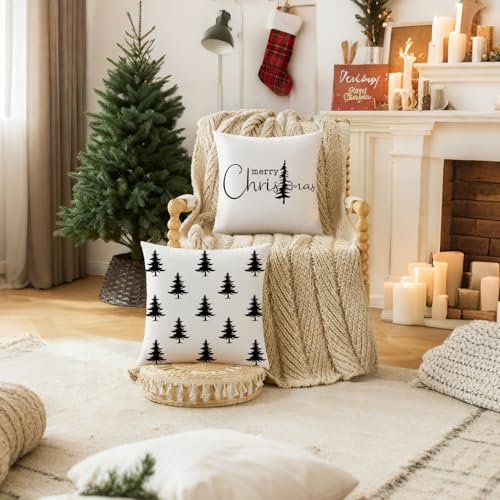 Black and White Merry Christmas Tree Throw Pillow Covers 18x18 (Set of 2)