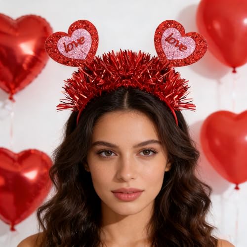 AHONEY Red Heart Headband with Glitter Tinsel for Valentine's Day
