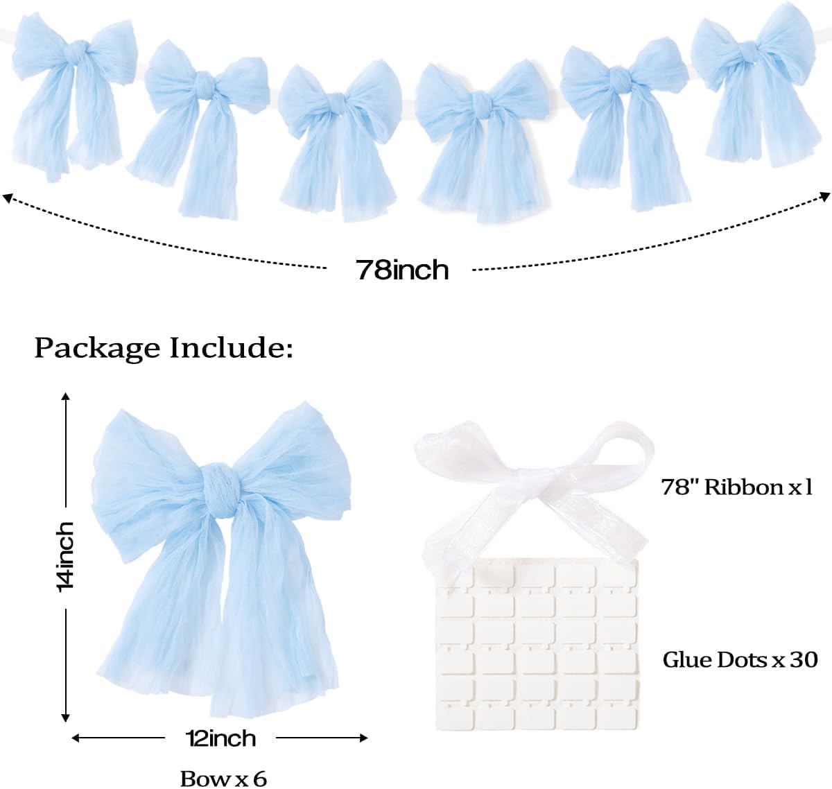 MLMC Baby Blue Bow Garland - Handmade Cheesecloth Wreath for Baby Shower & Birthday Decor