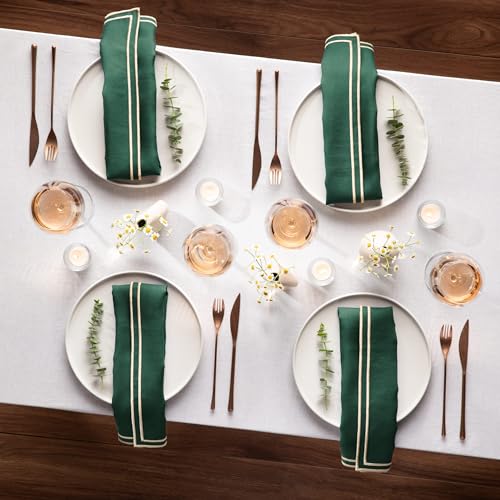 Green Linen Napkins Set of 4 - 20x20 Inch Embroidered Gold Edge - Washable