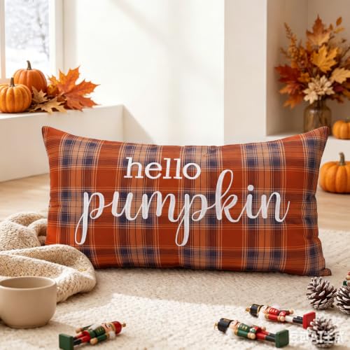 12x20 Orange Tartan Fall Pillow Cover with Hello Pumpkin Embroidery