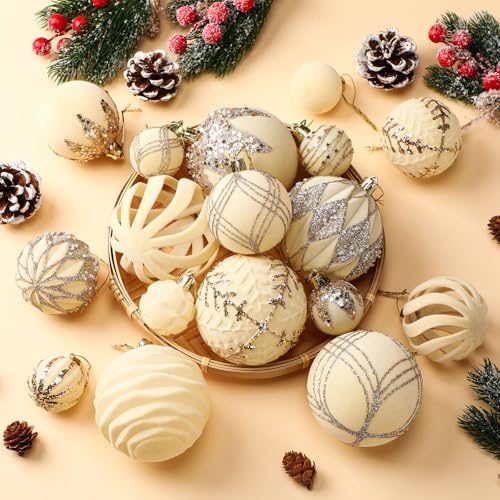 White Velvet Christmas Ornament Set - 48 Flocked Holiday Decorations