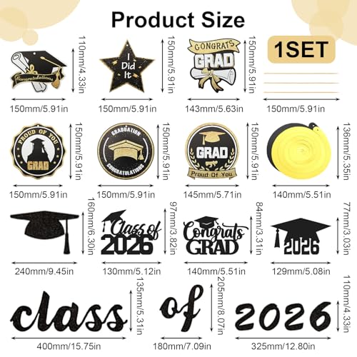 Congrats Grad 2026 Cake Topper Set - Black Glitter Graduation Decor