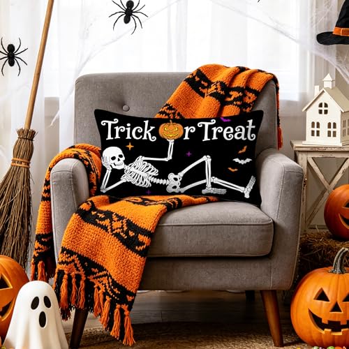 Halloween Skull Throw Pillow Cover 12x20 | Spooky Sofa Decoration