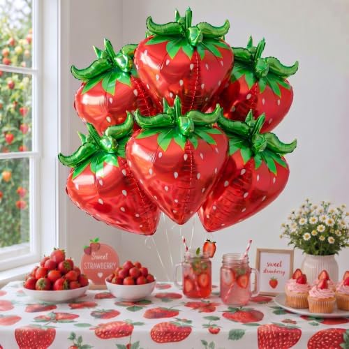PullCrease 4D Strawberry Foil Balloons, 29-Inch Fruit Party Decor, 6 Pack