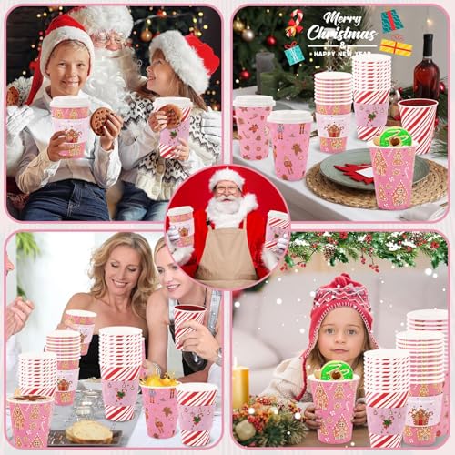 Pink Christmas Paper Cups with Lids & Sleeves - 16oz Holiday Party Drinkware