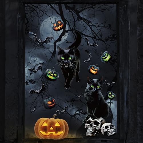 DERAYEE 8 Sheet Halloween Window Clings - Black Cat & Bats