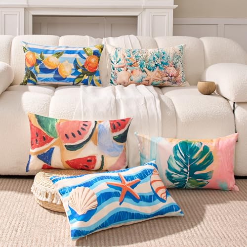 Coastal Lumbar Pillow Covers 12x20 Inch Set of 2, Beach Nautical Cushion Cases