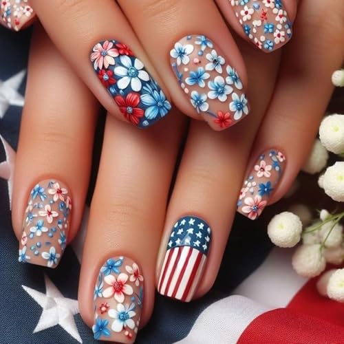 Blue White Flower Press on Nails Medium Square Acrylic False Nails