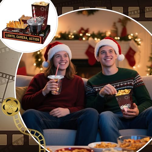 Bokon Movie Night Snack Tray Set with 24 Trays & Christmas Cups - Cinema Variation