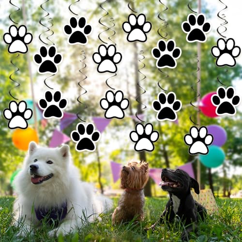 24 Pcs Black & White Dog Paw Prints Party Hanging Swirls