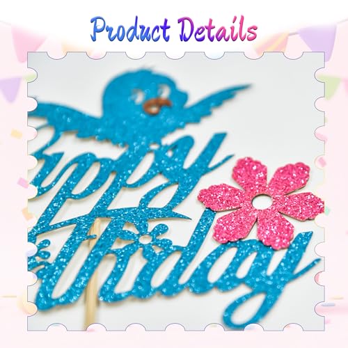 Bird Birthday Cake Topper - Blue Glitter Party Decoration