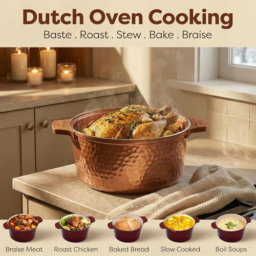 Gotham Steel Hammered 5 Qt Lightweight Dutch Oven Pot with Lid & Holders, Ceramic Non Toxic, Oven Safe & Even Heat Retaining Dutch Oven for Bread Baking Sourdough, Soup, 70% Lighter than Cast Iron