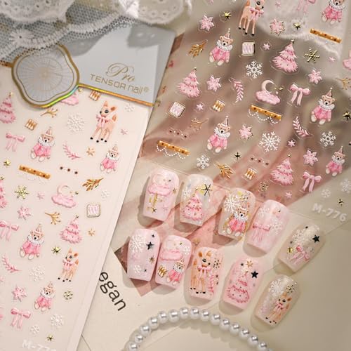 Pink Christmas 5D Embossed Nail Art Stickers Decals - Xmas Tree Snowflake Bear