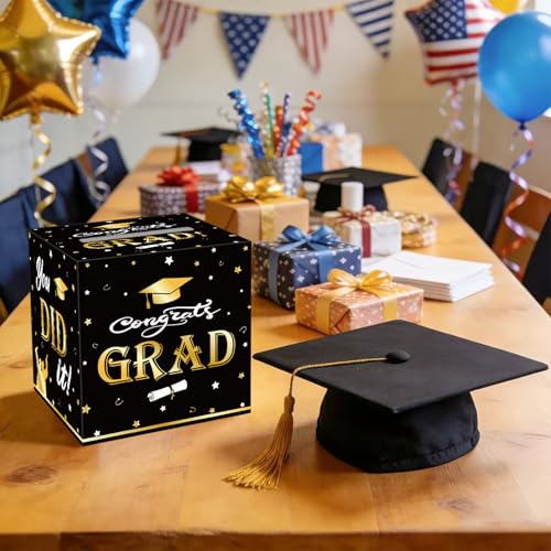 2026 Graduation Card Box - Foldable Black & Gold Gift Holder