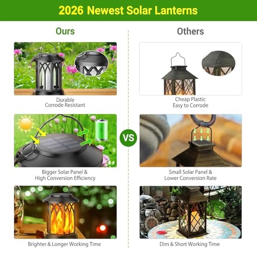 Black 4 Pack Solar Lanterns Outdoor Lights Flickering Flame Waterproof Yard Decor