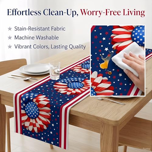 Patriotic 4th of July Table Runner USA Stars Floral Decor