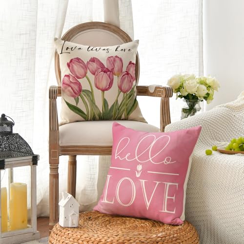 Hello Love Pink Tulips Throw Pillow Covers - Set of 4, 18"