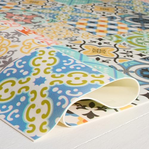 SAFAVIEH Vinyl Floor Collection Area Rug - 2'2" x 3'3", Blue & Yellow, Durable Floor Mat Design, Non-Shedding & Easy Care, Ideal for High Traffic Areas in Living Room, Bedroom (VNF112M)