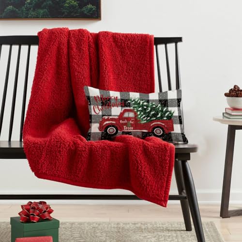 RABUSOFA 12x20 Red Truck Christmas Pillow Cover - Buffalo Plaid