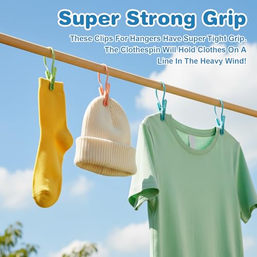 24 Pack Plastic Clothes Pins with Rope - Multicolor Windproof Clothesline Clips for Laundry & Organization