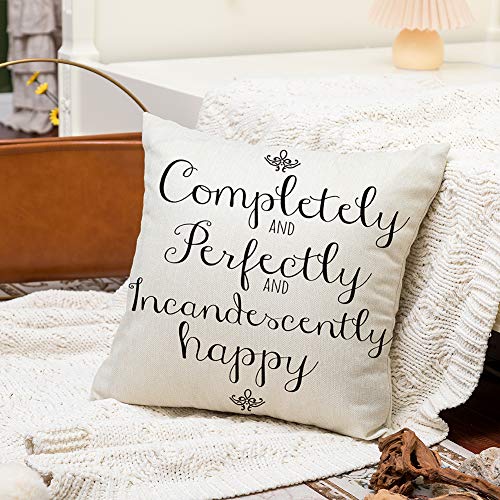 Completely and Perfectly and Incandescently Happy Pillow Cover - 18" x 18" Cotton Linen Cushion Case for Sofa & Couch