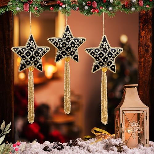 Set of 3 Black & Gold Hand-Beaded Christmas Star Ornaments for Tree