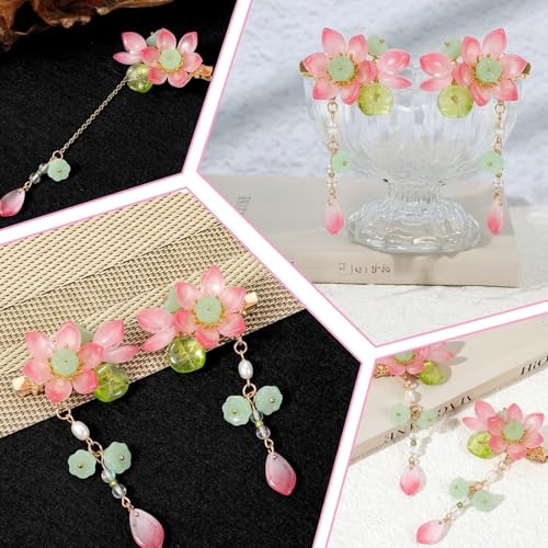 Shimmeroo 2Pcs Pink Flower Hair Clip Vintage Glass Bead Tassel Barrette