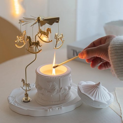 Carousel Candle Holder - Spinning Brass Merry-Go-Round with Gypsum Base | Perfect Valentine Gift for Home Decor