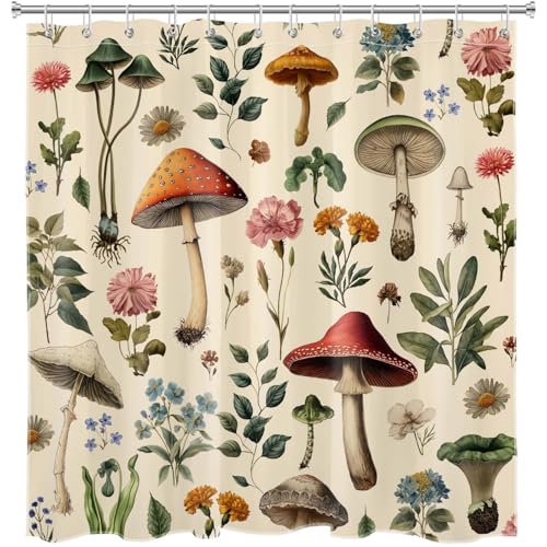 MASLEK Vintage Mushroom Floral Shower Curtain, 72x72 Inch Beige Botanical
